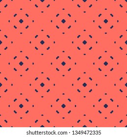 Simple minimalist floral texture. Geometric seamless pattern with small flower silhouettes, crosses, dots. Vector abstract background in trendy bright colors, dark blue and coral. Minimal design