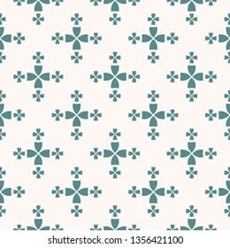 Simple minimalist floral texture. Geometric seamless pattern with small flower silhouettes, petals, leaves. Vector abstract background. Turquoise green and white minimalist ornament. Repeated design