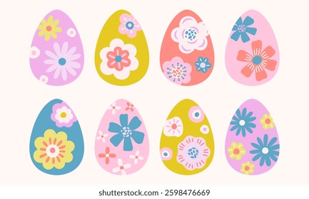 Simple minimalist flowers Easter eggs vector illustrations set. Cute colorful floral eggs