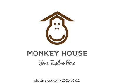 Simple Minimalist Funny Cute Monkey Head Face with House Roof Logo Design Vector