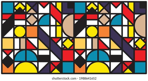 Simple minimalist geometric abstract artwork poster. Vector pattern design of colorful circles, semicircles, triangles and squares in Scandinavian style. Great for wallpapers, backgrounds, and web.