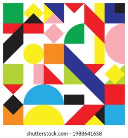 Simple minimalist geometric abstract artwork poster. Vector pattern design of colorful circles, semicircles, triangles and squares in Scandinavian style. Great for wallpapers, backgrounds, and web.