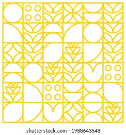 Simple minimalist geometric abstract nature artwork poster. Vector pattern design of circles, leaves, semicircles and flowers in Scandinavian outline style. Great for wallpapers, backgrounds, and web.
