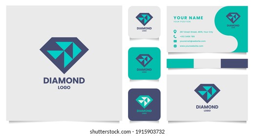 Simple and minimalist geometric diamond logo, with business card, icon, and color palette