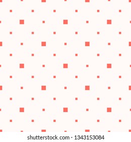 Simple minimalist geometric seamless pattern with small squares, dots, pixels. Vector abstract background in coral and white color. Subtle minimal texture. Repeat design for decor, fabric, wallpapers