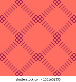 Simple minimalist geometric seamless pattern with small squares, dots, pixels, cross grid. Vector abstract background in bright colors, dark red and coral. Subtle minimal texture. Repeatable design