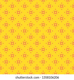Simple minimalist geometric seamless pattern with small squares, dots, ring, pixels. Vector abstract background in bright yellow and coral color. Subtle minimal texture. Funky colorful repeat design