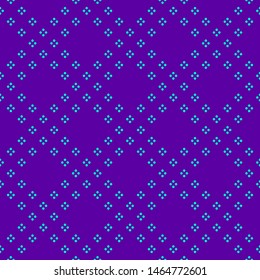 Simple minimalist geometric seamless pattern small flower silhouettes, tiny dots, circles in square grid. Vector abstract colorful background. Purple and turquoise vibrant texture. Repeating design