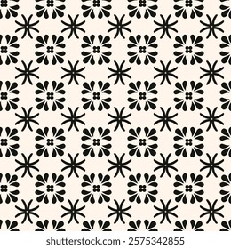 Simple minimalist geometric seamless pattern. Abstract monochrome minimal background with small floral shapes. Subtle repeat design for decor, print.