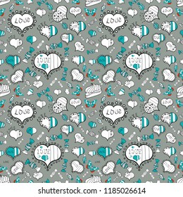 Simple minimalist geometric seamless texture. Subtle vector pattern with tiny gray, white and black hearts on backdrop. Modern design for decor, textile. Love romantic theme. Valentines day background