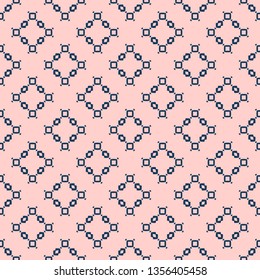 Simple minimalist geometric texture. Vector seamless pattern with small shapes, squares, rhombuses, flower silhouettes. Abstract background in pink and deep blue color. Cute minimal repeated design