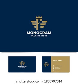 Simple and minimalist gold letter F monogram initial logo with wings and crown in blue background