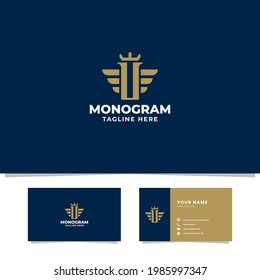 Letra oro simple y minimalista logotipo inicial en monograma U con alas y corona de fondo azul