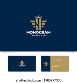 Simple and minimalist gold letter Y monogram initial logo with wings and crown in blue background