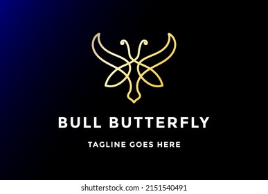 Simple Minimalist Golden Bull Head Butterfly Line Monogram Logo Design Vector