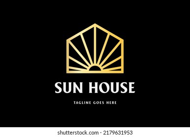 Simple Minimalist Golden Elegant Luxury Geometric Sun House Logo Design Vector