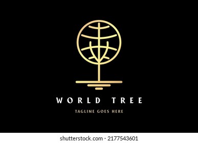 Simple Minimalist Golden World Globe Planet Tree Logo Design Vector