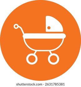 A simple, minimalist graphic design featuring a white baby stroller icon on an orange circular background. The design is clean and easily recognizable.