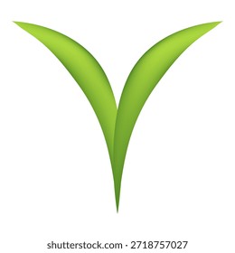 Diseño gráfico minimalista simple con dos hojas de color verde lima que sugieren crecimiento o una forma de letra y natural aislada sobre fondo blanco