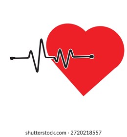 Un gráfico sencillo y minimalista con un corazón rojo vibrante superpuesto con una línea de electrocardiograma (ECG) negra, comúnmente conocida como línea de latidos cardíacos o pulso. La línea del ECG atraviesa horizontalmente la forma del corazón, comenzando por la izquierda y extendiéndose hacia la derecha, lo que significa un ritmo cardíaco estable y activo. El diseño se coloca sobre un fondo blanco limpio, enfatizando los Elementos centrales de la salud del corazón, la vitalidad y el monitoreo médico. Esta Imagen transmite de manera efectiva los conceptos de vida, salud, cardiología y bienestar en un lenguaje visual claro y universal.