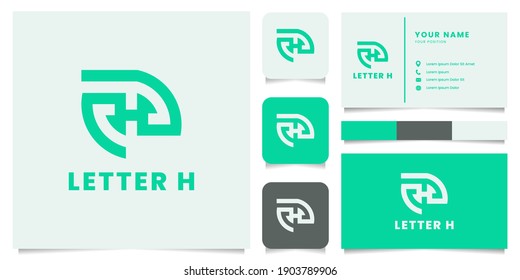 Simple and minimalist green bold line letter H logo with icon, color palette, and business card