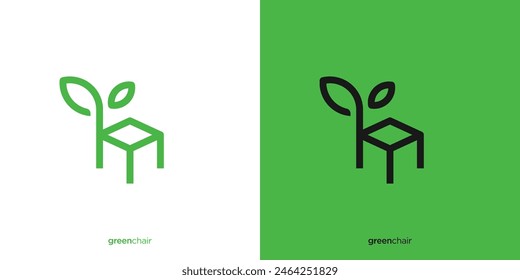 Simple Minimalist Green Chair Logo Designs. Chair and Tree Leaf Logo with Linear Outline Style. Furniture Logo, Icon, Symbol, Vector, Design Template.