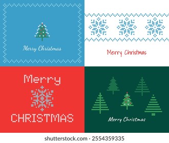 Simple Minimalist Greeting Card Set Merry Christmas With Knitted Ornament. Horizontal Orientation. Flat Style. White, Blue, Green, Red Backgrounds. Snowflake, Fir Tree, Christmas Tree. Vector