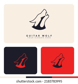 simple minimalist guitar inside wolf silhouette logo design illustration