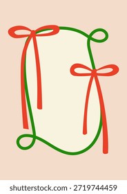 Simple and minimalist hand drawn frame with red bows. Vector flat illustration in vintage whimsical style. Holiday greeting card template