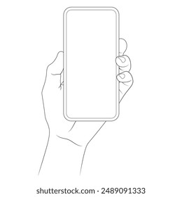 Simple Minimalist Hand Holding a Smart Phone Line Art Illustration. Editable Line. Adjustable Stroke Width.