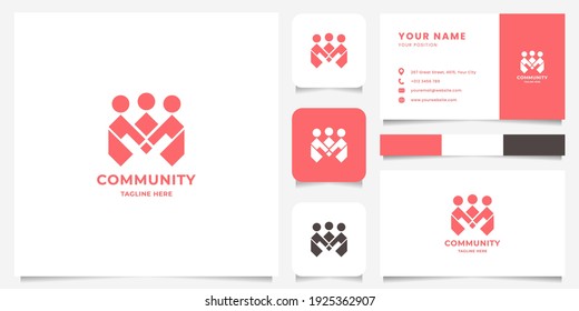 Simple and minimalist holding hand peoples form letter M logo with business card, icon, and color palette