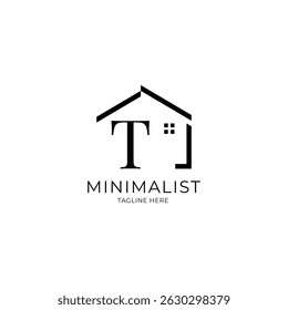 Simple and minimalist house logo with letter T. Logo template for real estate, architecture, and construction company