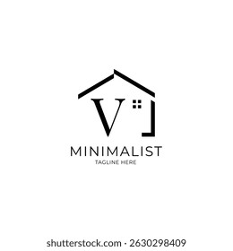 Simple and minimalist house logo with letter V. Logo template for real estate, architecture, and construction company