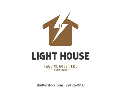 Simple Minimalist House with Thunderbolt Light for Electric Power Energy Logo Design