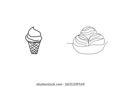 Simple minimalist ice cream cones and scoops dessert food illustration in line art