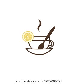 Simple minimalist icon of a cup of tea with a slice of fresh lemon. Hot drink in a mug with a plate and a spoon. Illustration for tea or coffee shop, cafeteria. Traditional tea ceremony. Logo, label