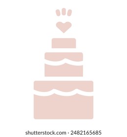 A simple, minimalist icon depicting a three-tier wedding cake adorned with a heart and three dots, symbolizing celebration and love.