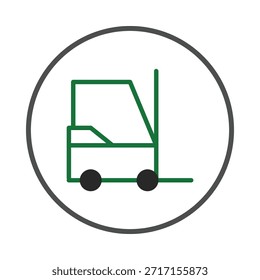 Un icono simple y minimalista presenta un contorno verde de una carretilla elevadora dentro de un círculo delineado negro, que simboliza la industria, la logística y el manejo de materiales, perfecto para presentaciones comerciales modernas,