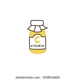 A simple minimalist icon of a glass jar with vitamin C. A small bottle of pills. Pharmacy medicine. Support of immunity during epidemics, pandemics, diseases, viruses. Health care for the whole family