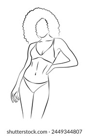 simple, minimalist illustration of a beautiful black girl in underwear, vector line art of woman of color, beauty, fitness and spa salon concepts, promoting wellness and self-care 