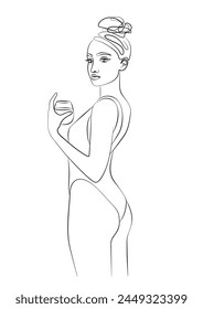 simple, minimalist illustration of a beautiful woman in a swimsuit, vector line art, beauty, fitness and spa salon concepts, promoting wellness and self-care 