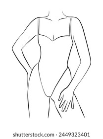 simple, minimalist illustration of a beautiful woman in a swimsuit, vector line art, beauty, fitness and spa salon concepts, promoting wellness and self-care 