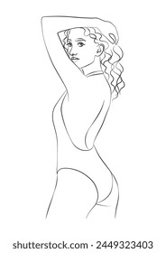 simple, minimalist illustration of a beautiful woman in a swimsuit, vector line art, beauty, fitness and spa salon concepts, promoting wellness and self-care 