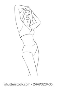 simple, minimalist illustration of a beautiful woman in a swimsuit, vector line art, beauty, fitness and spa salon concepts, promoting wellness and self-care 