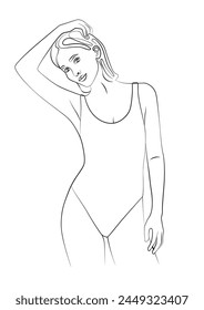 simple, minimalist illustration of a beautiful woman in a swimsuit, vector line art, beauty, fitness and spa salon concepts, promoting wellness and self-care 