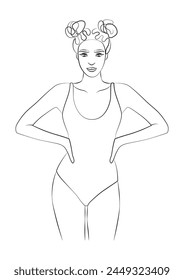 simple, minimalist illustration of a beautiful woman in a swimsuit, vector line art, beauty, fitness and spa salon concepts, promoting wellness and self-care 