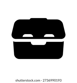 Simple, minimalist illustration of a closed black lunch box with a handle on a white background.