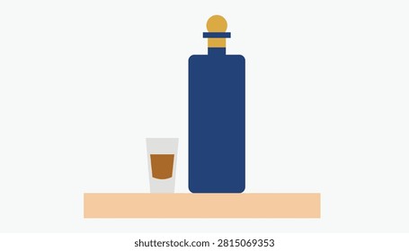 Simple minimalist illustration of a dark blue liquor bottle and a filled shot glass resting on a wooden shelf.