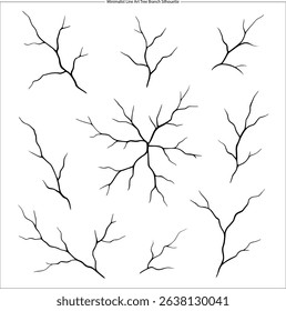 A simple minimalist illustration featuring various tree branches and twig silhouettes in a line art style, creating a natural and organic pattern, perfect for backgrounds, textures, or design elements