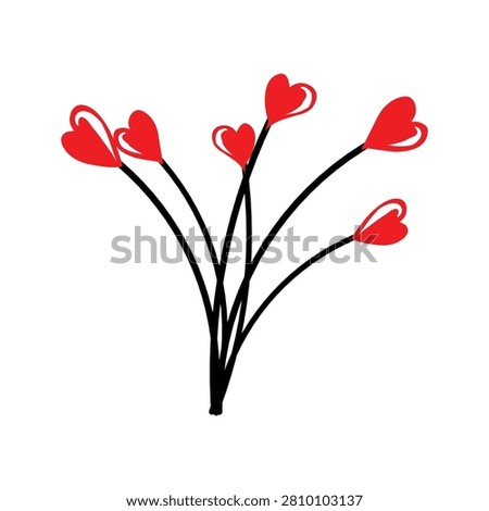 A simple, minimalist illustration of five red heart shaped flowers blooming on thin black stems against a white background. Represents love and affection.